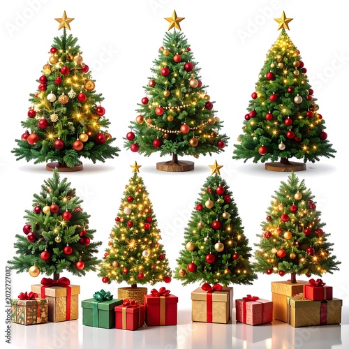  Set of Festive Christmas tree adorned with sparkling lights, baubles, and neatly wrapped presents on transparent png background.