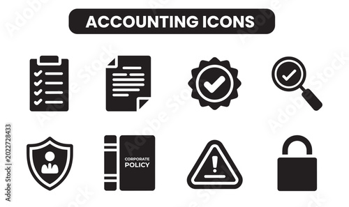 Accounting and corporate policy vector icon set for compliance concepts