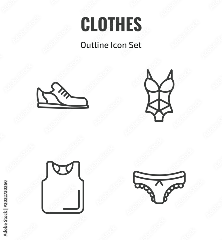Fototapeta premium clothes outline icon set. thin line shoes, lingerie, sleeveless shirt, panties icons. editable vector