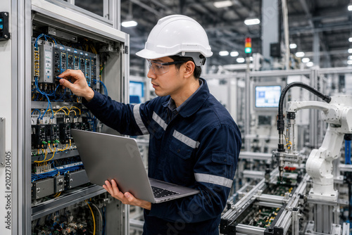 A worker in a factory center monitors and makes adjustments on a control panel. The worker uses a laptop to assist with tasks. Robotics systems operate in the background.