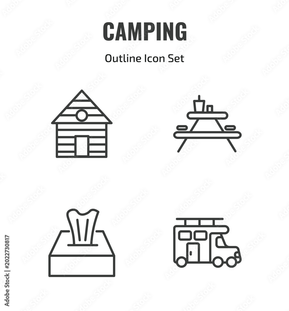 Naklejka premium camping outline icon set. thin line lodge, camp table, tissue, camper icons. editable vector