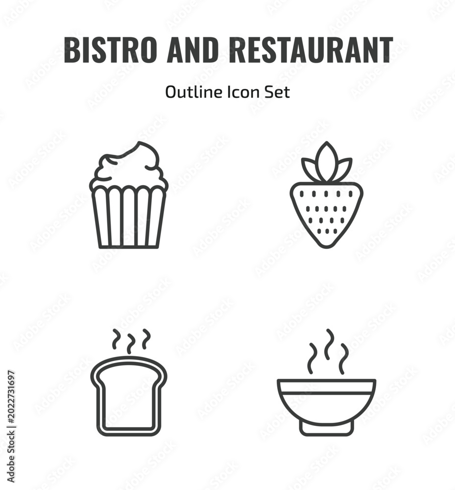 Fototapeta premium bistro and restaurant outline icon set. thin line cupcake with cream, strawberry drawing, toasted bread, hot soup icons. editable vector