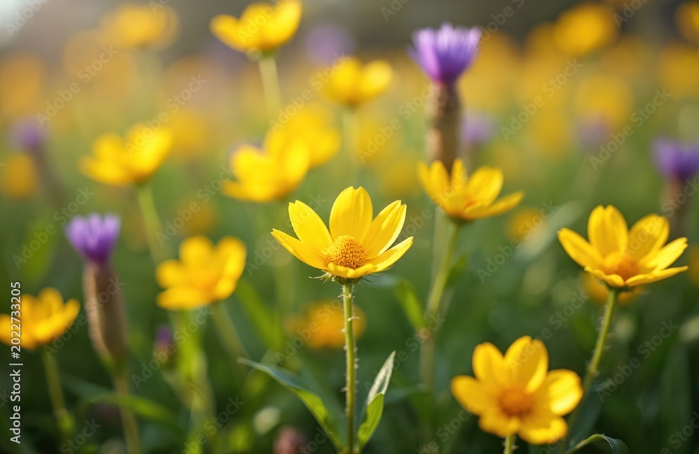 Fototapeta premium Field with many yellow flowers and some purple ones. Green grass and leaves surround the plants. Bright sunlight shines on meadow flora. Nature scene blooms in spring.