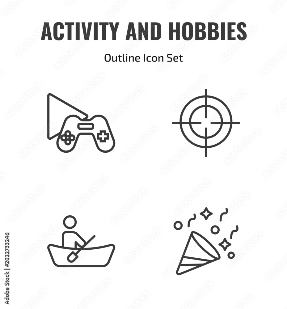 Fototapeta premium activity and hobbies outline icon set. thin line game playing, hunting, boat race, party icons. editable vector