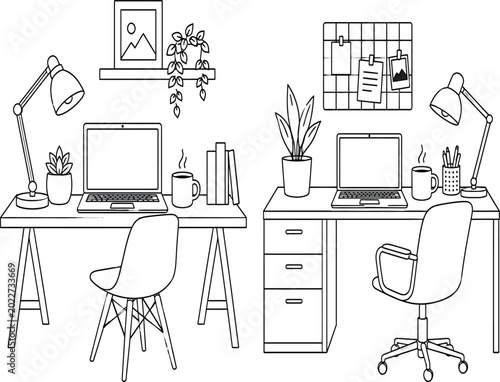 Foto Outline illustration of two adjacent home office desks each with a laptop desk l
