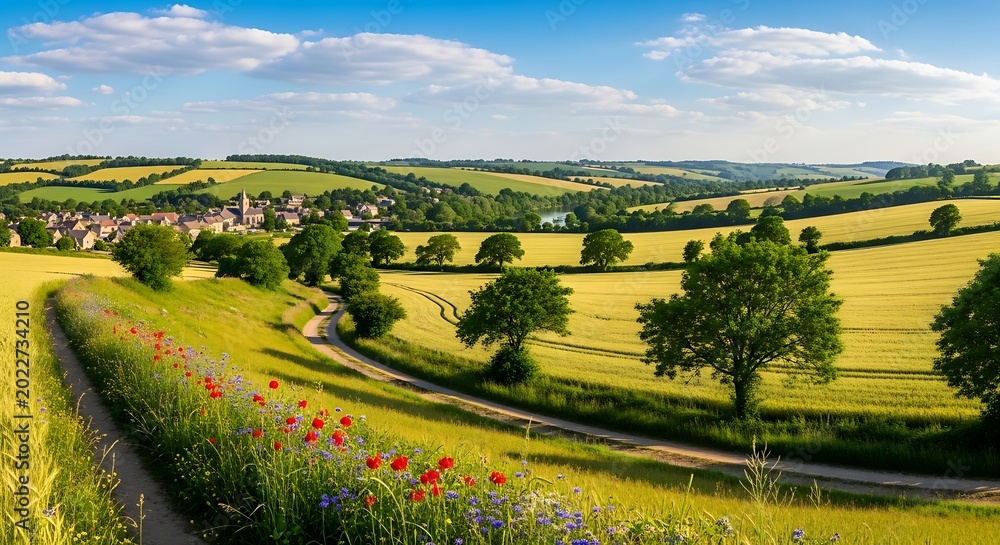 Obraz premium Rolling golden fields, a winding path, wildflowers, and a distant village under a blue sky