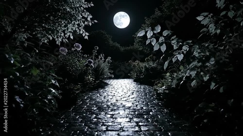 Serene Night Scene with Bright Full Moon Over Reflective Waterway.