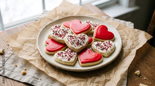 Canvas Print A ceramic plate filled with heart-shaped sugar cookies decorated with red icing