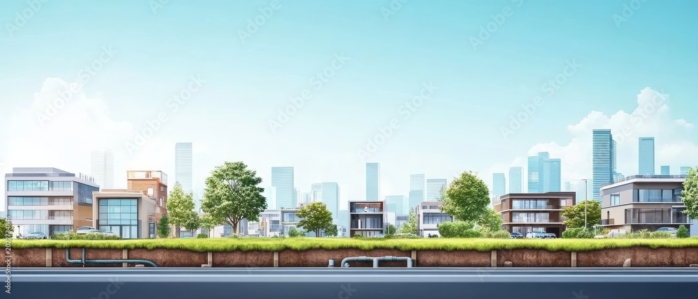 Obraz premium City skyline view with buildings, trees, and clear sky during daytime in an urban setting