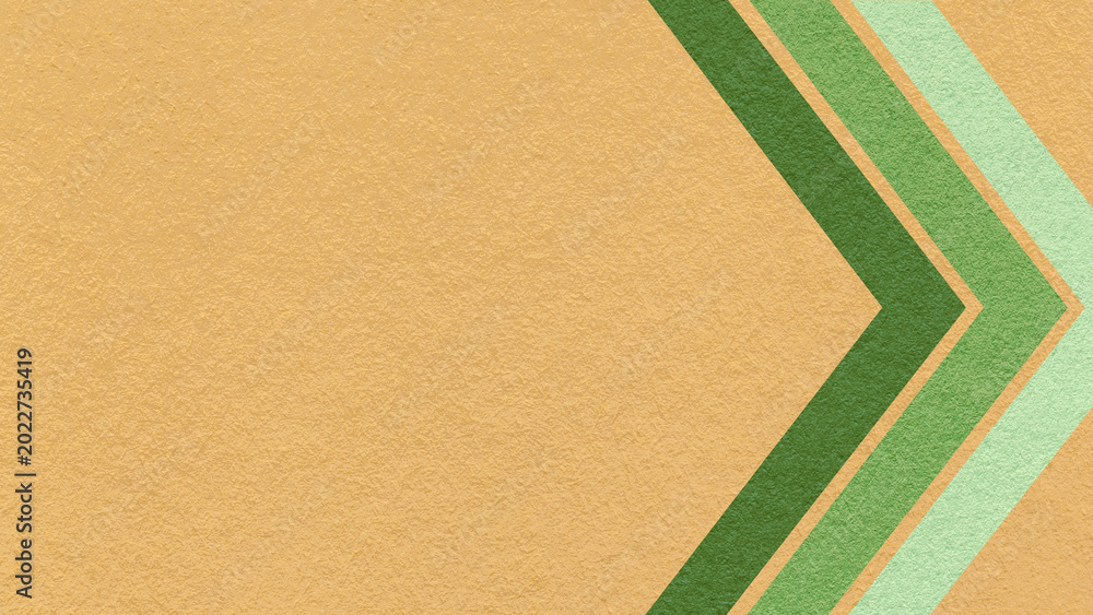 Fototapeta premium Light ochre paper texture background with green, olive chevron corner stripes and copy space for banner, presentation