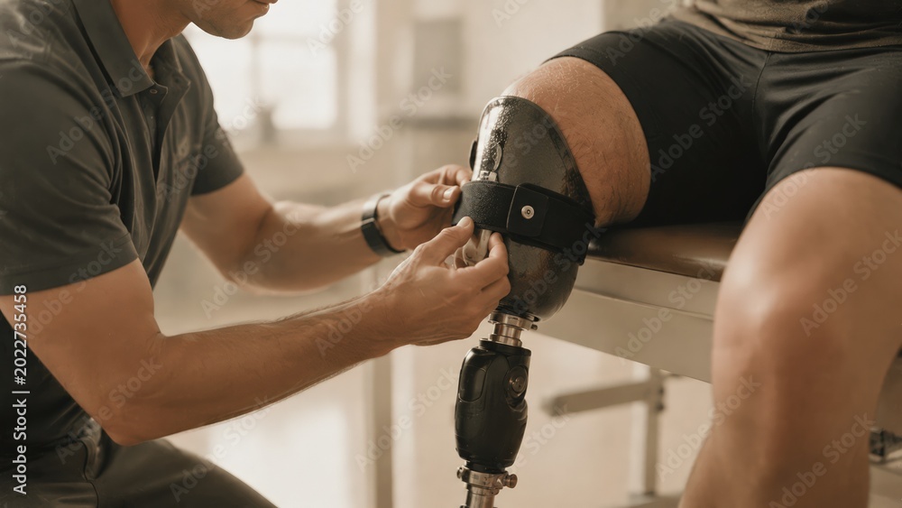 Naklejka premium Specialist fitting a prosthetic leg for a patient during rehabilitation, representing healthcare, mobility support, recovery, and modern prosthetic technology.