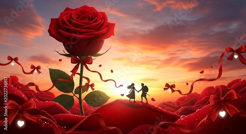 Romantic sunset with a giant rose, couple, and floating heart ribbons