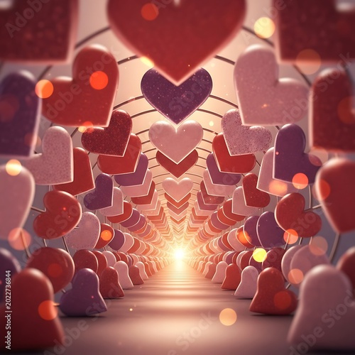 Romantic tunnel of hearts with glowing light at the end, love theme