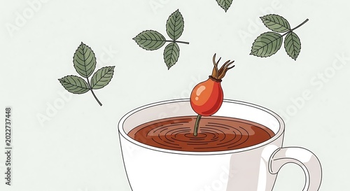 Rosehip steeped in hot liquid, with leaves floating