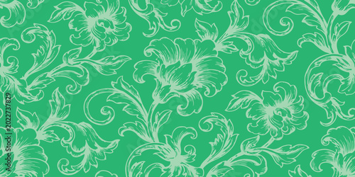 Seamless floral damask pattern with vintage scroll ornaments in light green on a vibrant teal background