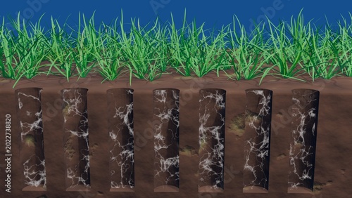 Soil aeration. Holes dug into earth allowing nutrients, gases, fertilizer to enter soil. Improving air exchange in soil. Digging holes opens up compacted soil during aeration. 3d render illustration