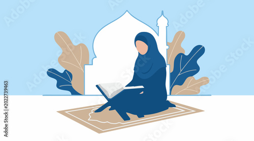 Photos Muslim woman in hijab reading Quran on prayer mat with mosque silhouette