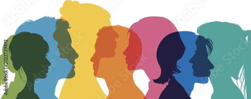 Schilderij op canvas Diverse People Silhouettes in Colorful Overlapping Profiles