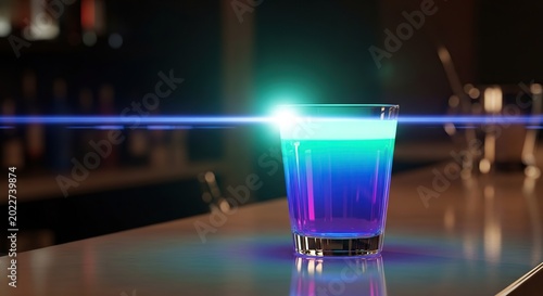 Vibrant layered cocktail in a glass, bar setting, colorful drink.