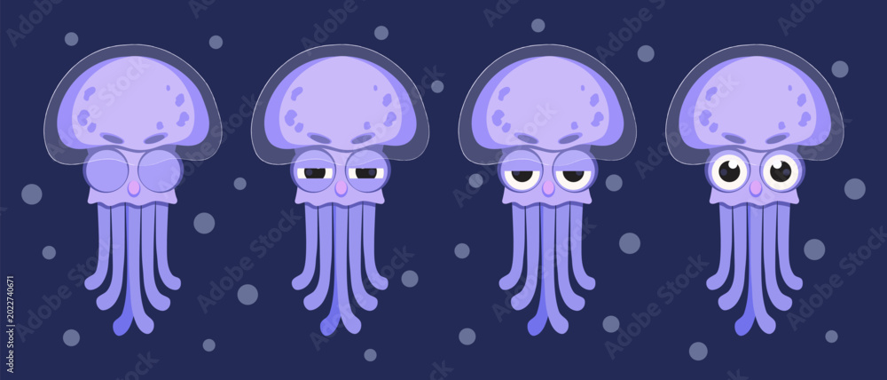 Fototapeta premium Cute Jellyfish Emotions Set Flat Vector Illustration