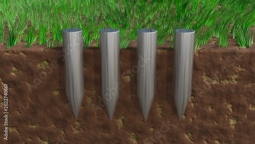 Soil aeration. Holes dug into earth allowing nutrients, gases, fertilizer to enter soil. Improving air exchange in soil. Digging holes opens up compacted soil during aeration. 3d render illustration