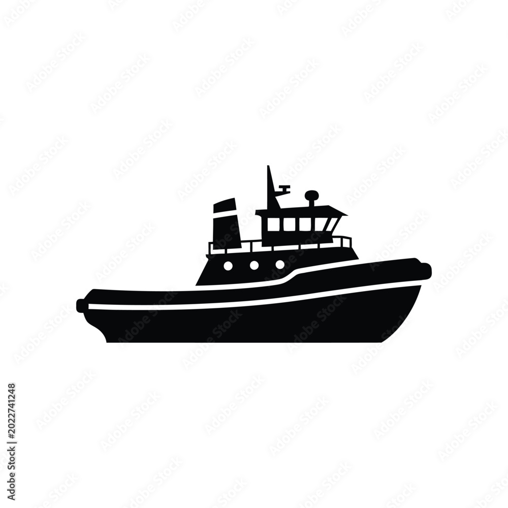Fototapeta premium A black silhouette of a tugboat on a white background representing maritime power and industrial transport
