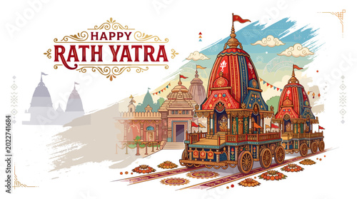 Vibrant Happy Rath Yatra festival vector with ornate Jagannath chariots and temples