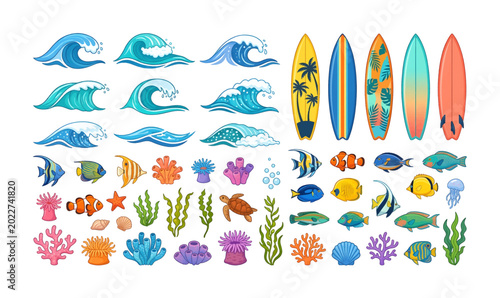 Collection of Colorful ocean wave and surfboard stickers.