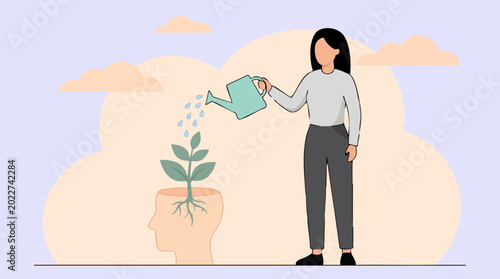 Fotografie Woman watering plant growing from head, symbolizing personal growth, mental heal