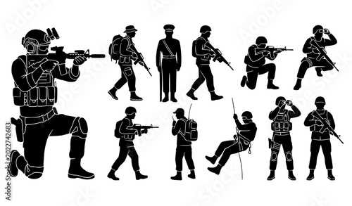 Quadro su tela Professional Soldier Silhouette Vector Collection with Special Forces Armed Guar