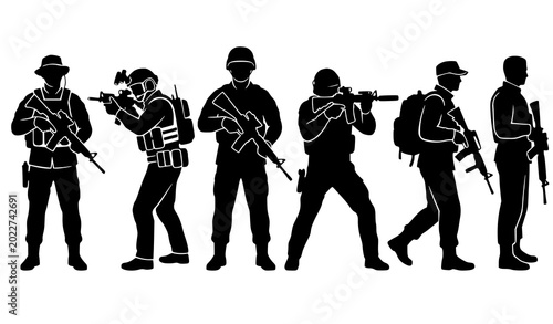 Photos Modern Armed Soldier and Special Forces Silhouette Collection with Tactical Mili