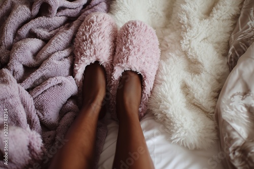 Warm feet nestled in soft pink slippers surrounded by plush blankets, capturing a moment of ultimate comfort.