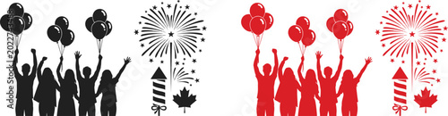 Foto Canada day vector illustration celebratory crowd with balloons fireworks maple l