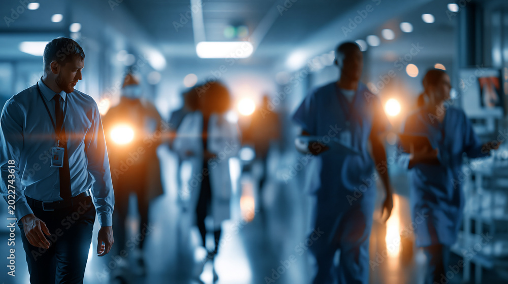Fototapeta premium A blurred hospital hallway holds soft silhouettes of medical figures and bright equipment suggesting a calm busy environment hospital hallway faceless silhouettes blurred
