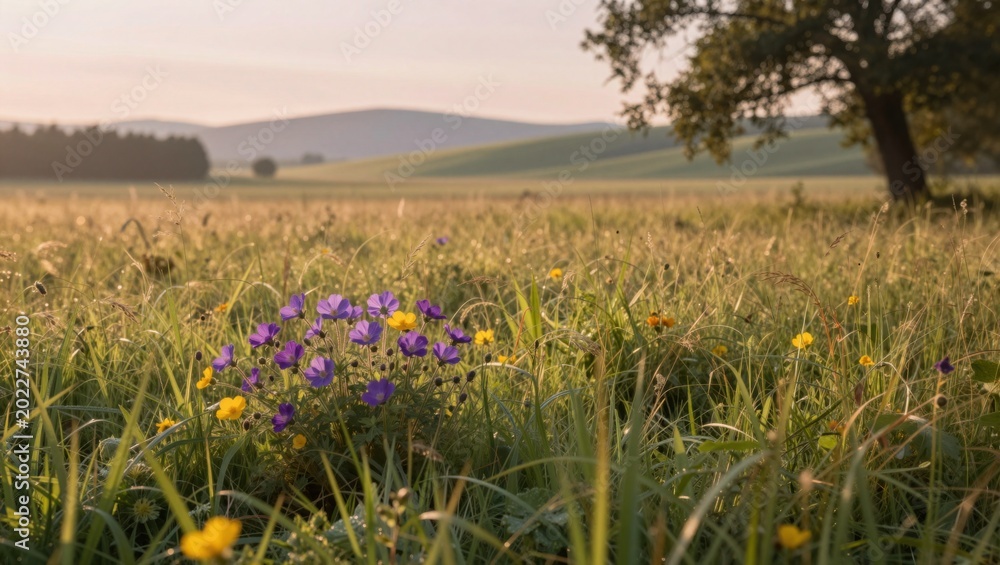 Obraz premium Wildflowers in dew covered meadow with rolling hills