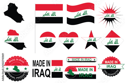 Photos High-quality editable Iraq vector elements including national flag icons, country map outline, Arabic takbir symbols and made in Iraq stamps
