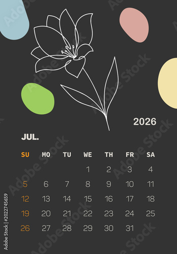 Minimal Floral July 2026 Calendar Template, Dark Modern Wall Planner Design