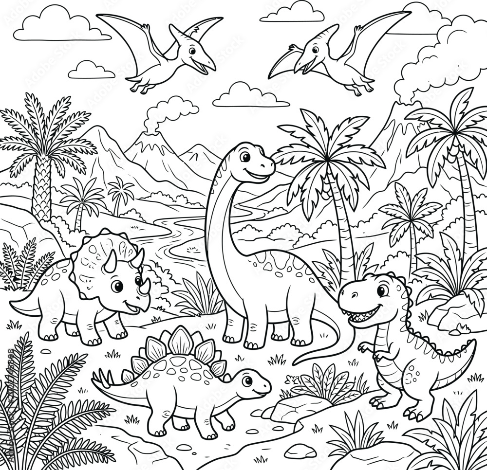 Fototapeta premium Dinosaurs and prehistoric plants in black and white line black and white jurassic t-rex
