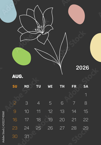 Minimal Floral August 2026 Calendar Template, Dark Botanical Monthly Planner