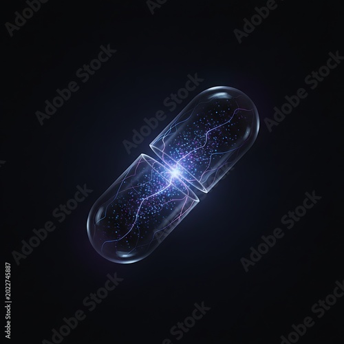 Opened transparent capsule with glowing particles and energy sparks inside on black background