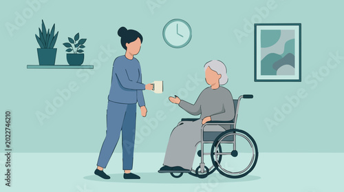 Photography Caregiver offering drink to elderly woman in wheelchair at home
