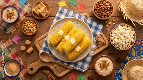 Fototapeta na wymiar Traditional Brazilian Festa Junina table with steamed corn on the cob and rustic festival foods