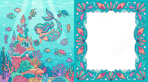 Children's Folding Holiday Invitations. Joyful Underwater Adventure With Colorful Fish and a Friendly Mermaid Surrounded by Vibrant Coral Reefs