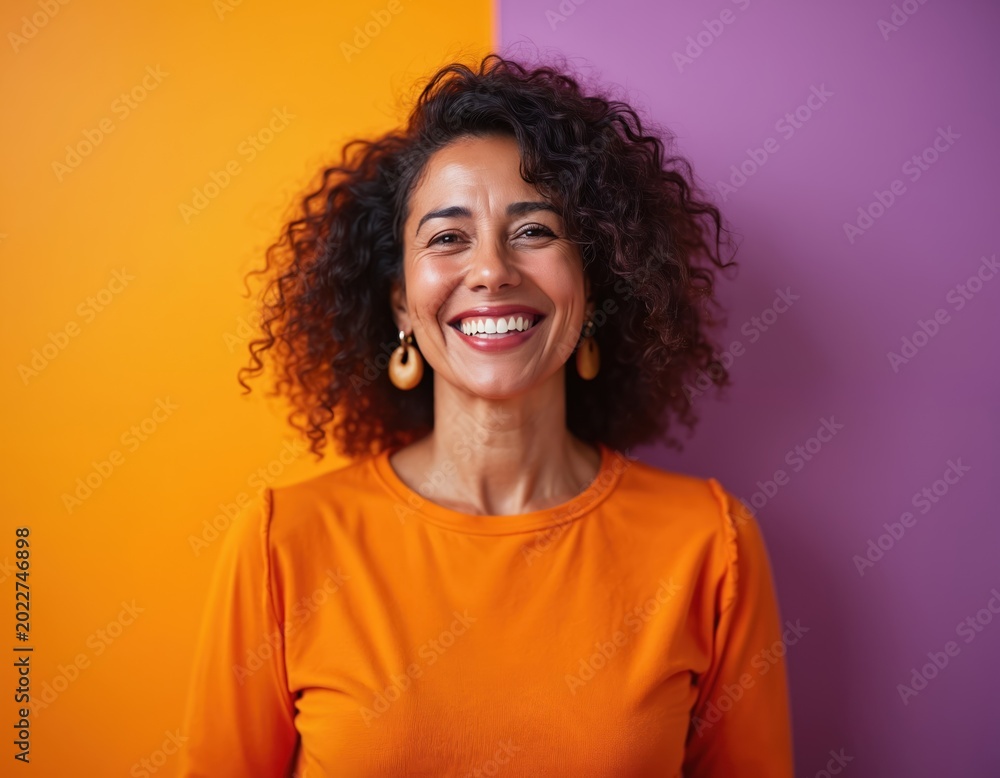 Fototapeta premium Middle aged hispanic woman with curly hair smiles broadly. She wears an orange shirt against a vibrant orange and purple background. Her expression is joyful and confident.