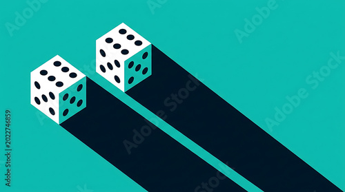 White dices casting long shadows on teal background chance and luck concept