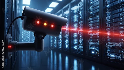 Security camera scanning server room with red laser for data protection