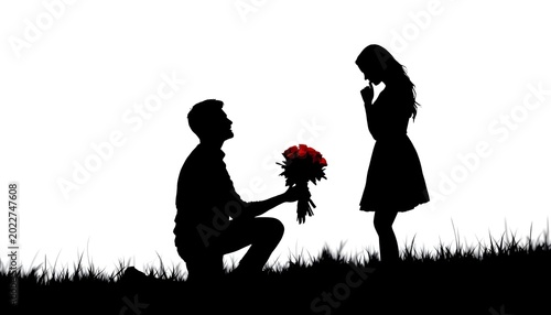 A silhouette of a man on one knee proposes to a woman with a bouquet of red roses