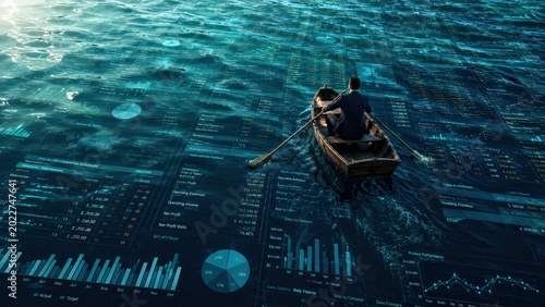 A businessman rows a small boat across a sea of financial charts and analytics, symbolizing navigating uncertainty, strategy, and data-driven decision making.