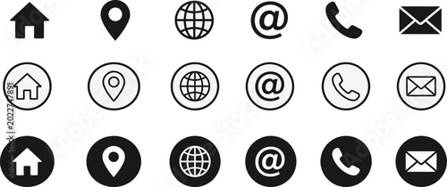 Communication symbols like home, location, globe, email, and phone web icons in different styles.