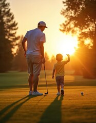 Father and son golf at sunset. Man teaches boy to play sport. Family enjoys leisure time outdoors. Happy childhood moments in nature. Generational bonding on green course.